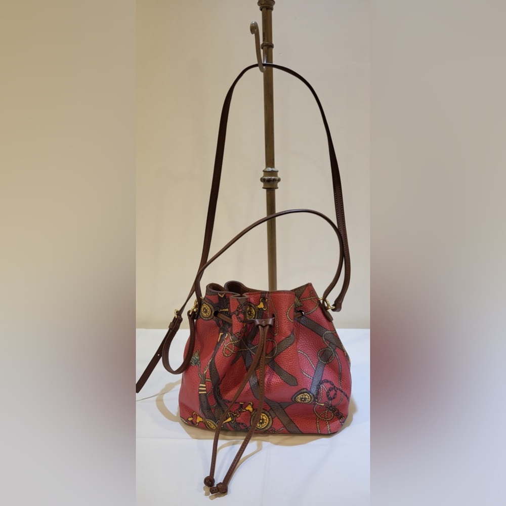 TALBOTS red equestrian print pebbled leather draw string bucket bag